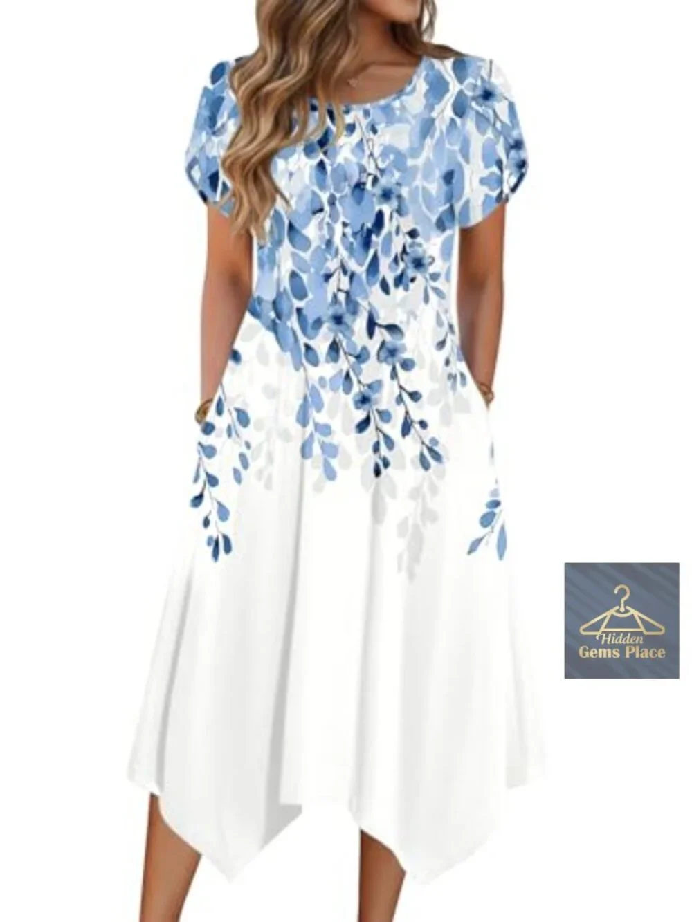 Women's Floral Midi Sundress with Petal Sleeves and Pockets Boho A-Line Casual